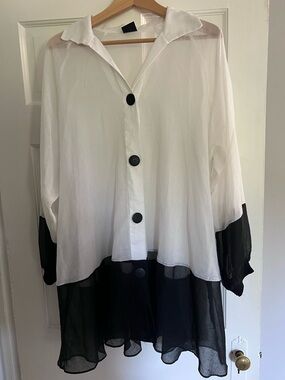 Sheer Two-Tone Black & White Button-Front Blouse